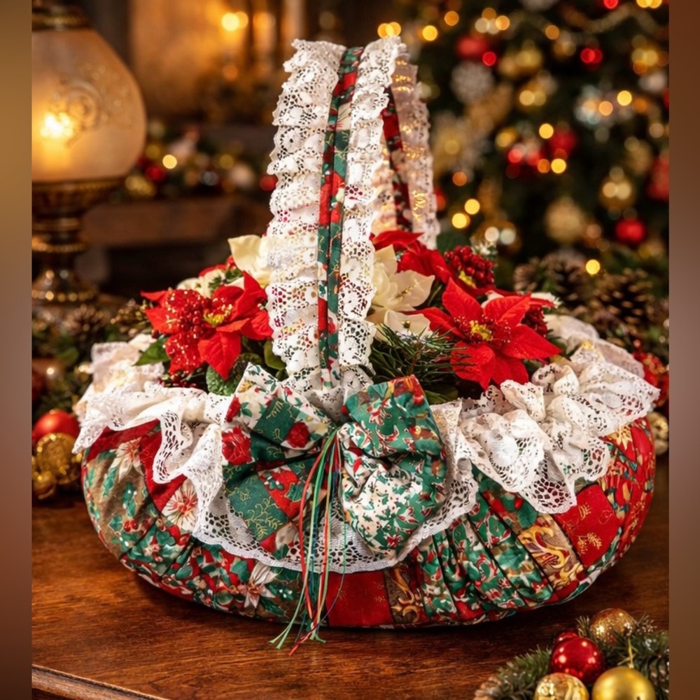 Vintage Handmade Quilted Christmas Basket Cotton & Lace 8x12x12”